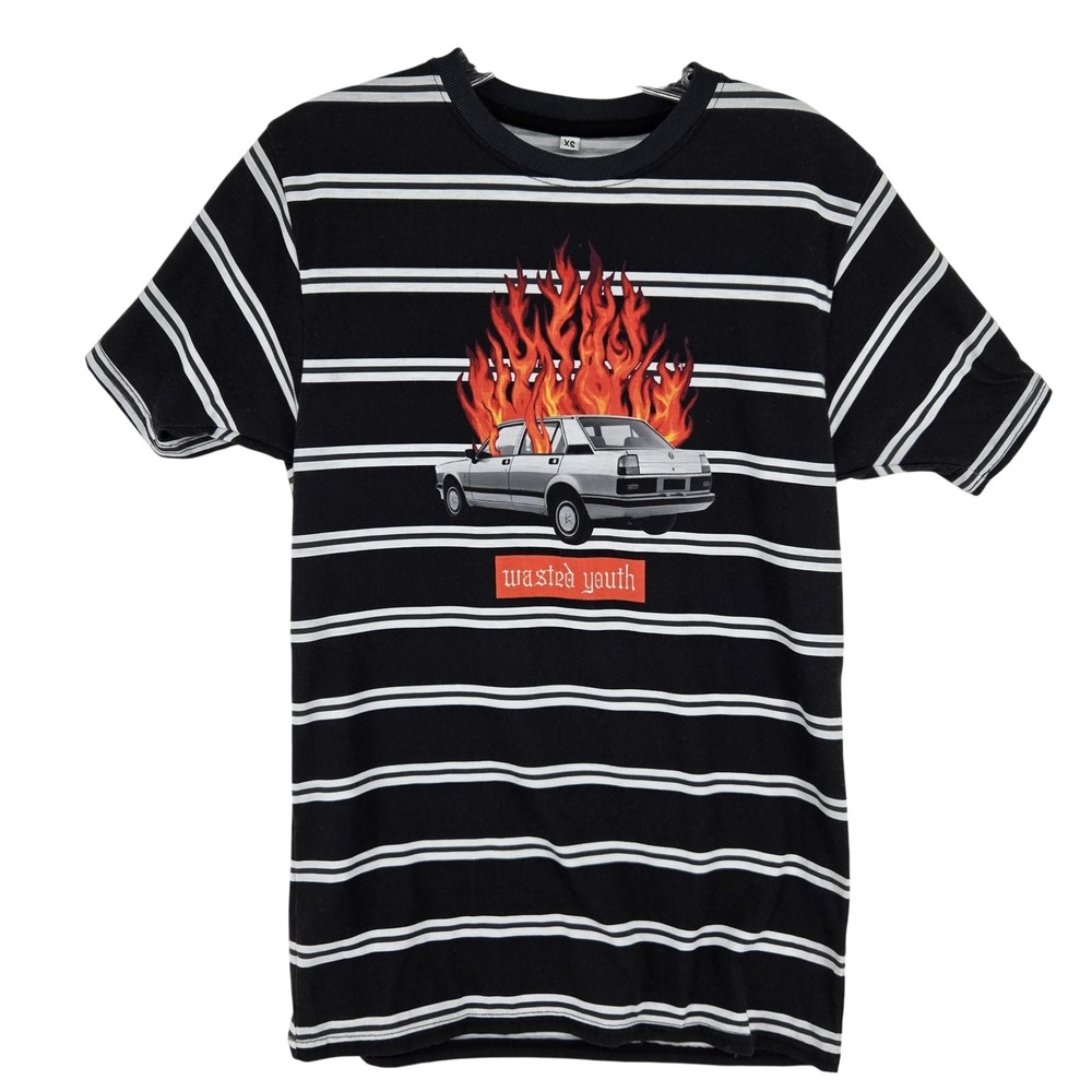 Teen Hearts Wasted Youth Shirt Mens XS Striped Burning Car Graphic Tee Punk